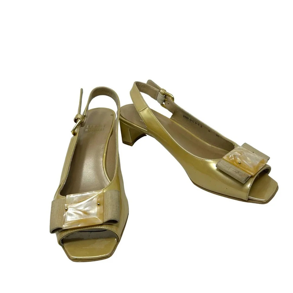 Stuart‎ Weitzman Vintage Gold Tan Bow Kitten Open Toe Heels Size 6